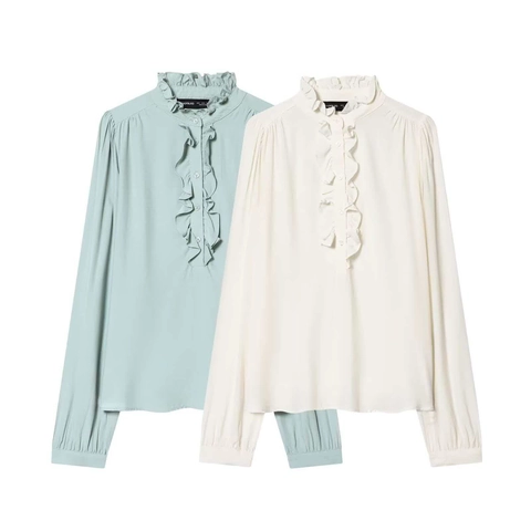 Camicetta da Donna Elegante con Volant Manica Lunga Colletto a Orecchio di Legno Tinta Unita Pieghettato Ufficio Camicia