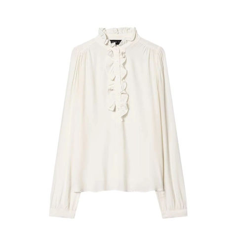 Camicetta da Donna Elegante con Volant Manica Lunga Colletto a Orecchio di Legno Tinta Unita Pieghettato Ufficio Camicia