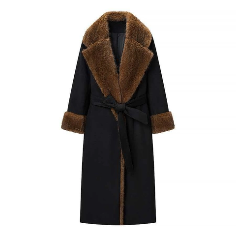 Women's Elegant Long Woolen-Look Coat With Faux Fur Collar Belted Waist Slim Fit Autumn Winter Outerwear Overcoat Jacket