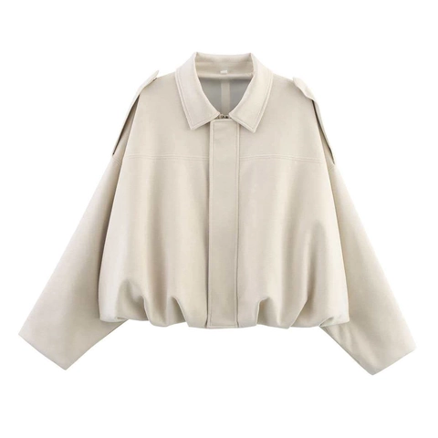 Damen Vintage Veloursleder-Optik Bomberjacke Oversize Revers Reißverschluss Oberbekleidung Mit Epauletten Lässig Kurzmantel