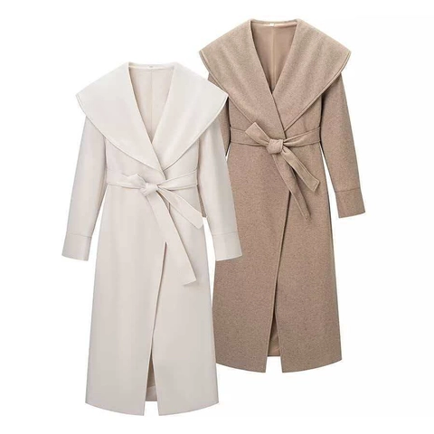 Women Long Woolen Coat Elegant Shawl Collar Belted Slim Waist Overcoat Solid Color Fashion Casual Outwear For Ladies