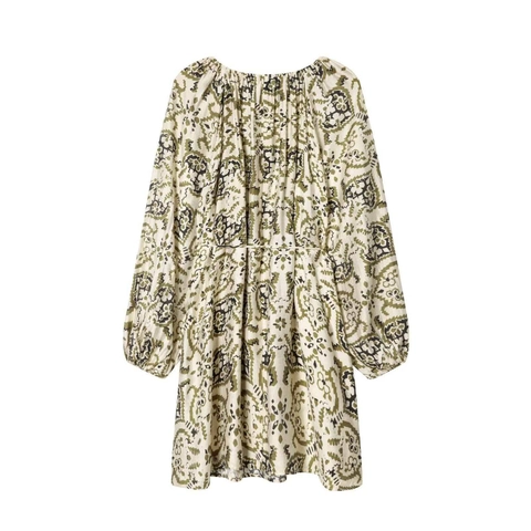 Women Vintage Paisley Printed Mini Dress Lantern Long Sleeve Round Neck Drawstring Waist Bohemian Summer Holiday Short Dress