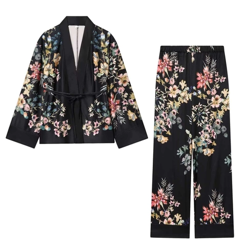 Women Floral Printed Satin Kimono Pajama Set Belted Tie-up Wrap Top And Wide Leg Pants Soft Silky Loungewear Nightwear Casual Home Clothes