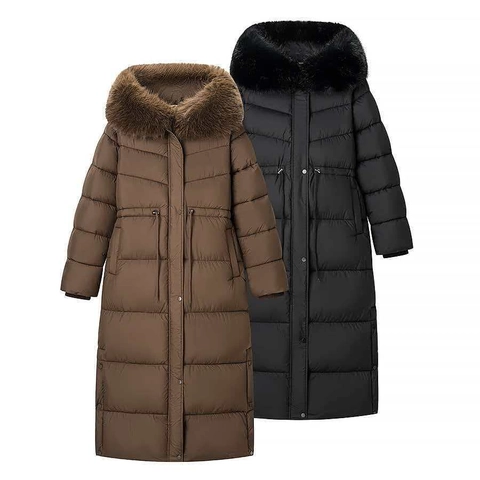 Cappotto Imbottito Donna Invernale Extra Lungo Con Cappuccio Collo In Pelliccia Sintetica Coulisse Slim Trapuntato Parka Capispalla