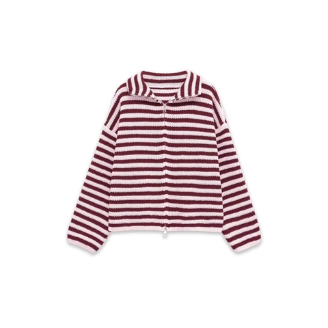 Chaqueta de Punto a Rayas para Mujer con Cremallera Casual Holgada Hombros Caídos Cuello de Solapa Cárdigan de Manga Larga