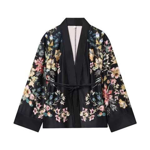 Women Floral Printed Satin Kimono Pajama Set Belted Tie-up Wrap Top And Wide Leg Pants Soft Silky Loungewear Nightwear Casual Home Clothes