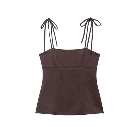 Dames Sexy Slim Fit Camisole Koffie Vierkante Hals Veters Strik Schouderbandjes Zijrits Peplum Zoom Polyester Top