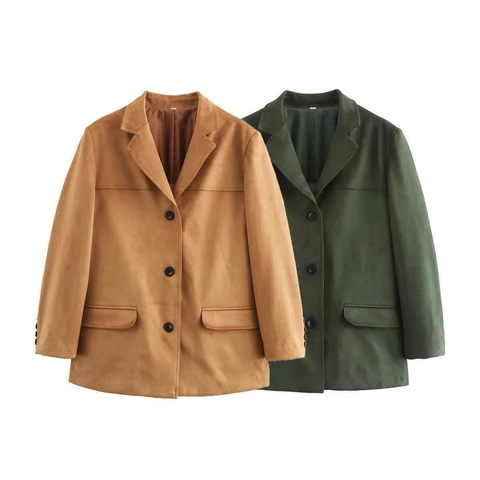 Damen Vintage Wildleder Blazer Jacke Revers Einreihig Einfarbig Lockere Passform Casual Langarm Outerwear Top