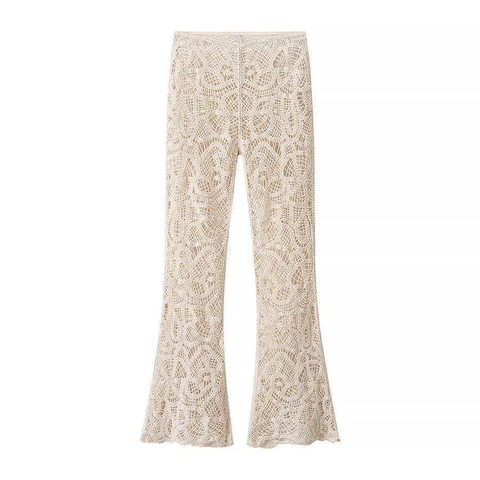 Pantalon Évasé en Dentelle au Crochet pour Femme Style Bohème Motif Floral Ajouré Pantalon en Tricot à Taille Haute