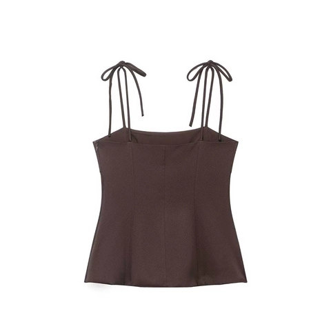 Dames Sexy Slim Fit Camisole Koffie Vierkante Hals Veters Strik Schouderbandjes Zijrits Peplum Zoom Polyester Top