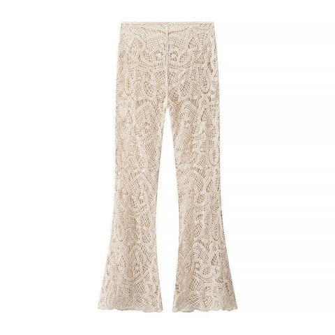 Pantalon Évasé en Dentelle au Crochet pour Femme Style Bohème Motif Floral Ajouré Pantalon en Tricot à Taille Haute