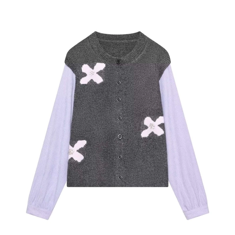 Cardigan in Maglia Patchwork Casual da Donna Girocollo Manica Lunga con Bottoni e Applicazioni Floreali Maglione Grigio Viola Giallo