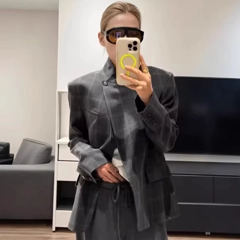 Vintage Grau Karierte Blazer Jacke Für Damen Mode Stehkragen Einreihig Langarm Casual Office Lady Anzug Mantel