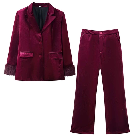 Damen Elegant Samt Blazer Und Weites Bein Hose Weinrot Reverskragen Jacke Mit Kunstpelz Besatz Manschetten Büro Outfit