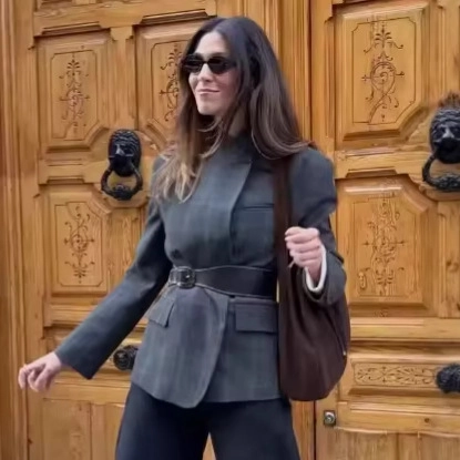 Vintage Grau Karierte Blazer Jacke Für Damen Mode Stehkragen Einreihig Langarm Casual Office Lady Anzug Mantel