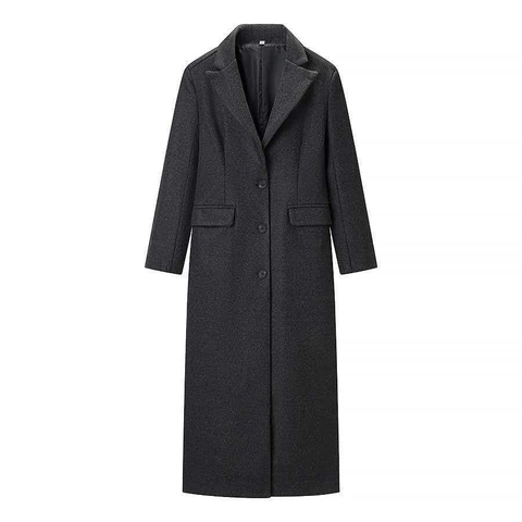 Abrigo Largo de Lana para Mujer Elegante Gris Oscuro Botonadura Sencilla Solapa Corte Recto Otoño Invierno Cálido Oficina