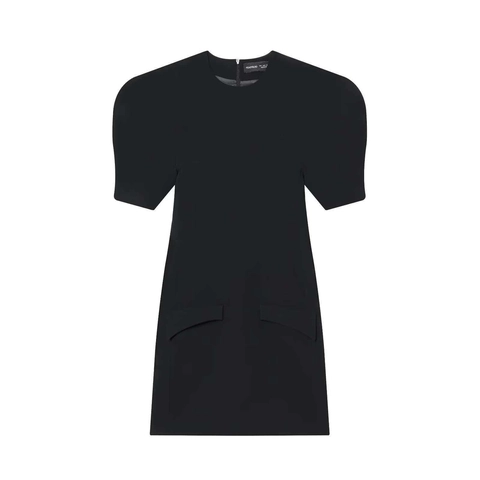 Elegante Vestido Mini Negro Sólido Para Mujer Cuello Redondo Con Bolsillos Verano Casual Manga Corta Cremallera Trasera