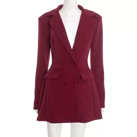 Damen Elegant Zweireihig Anzugkleid Schmale Passform Langarm Büro Business Mini Blazer Kleid Einfarbig