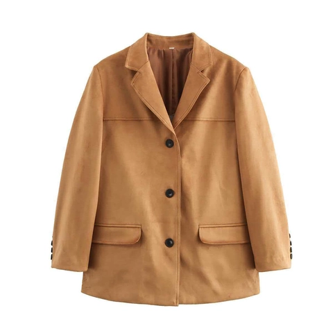 Damen Vintage Wildleder Blazer Jacke Revers Einreihig Einfarbig Lockere Passform Casual Langarm Outerwear Top