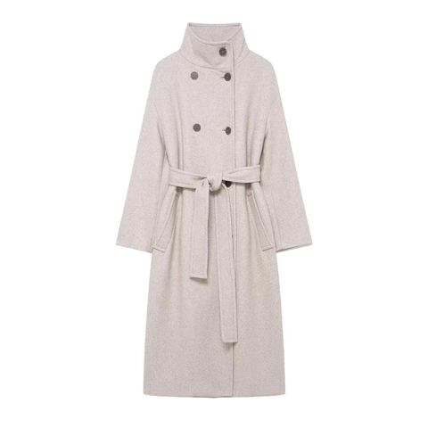 Abrigo Largo de Mezcla de Lana Elegante para Mujer Cuello Alto Doble Botonadura Cálido Sobretodo Color Avena Con Cinturón