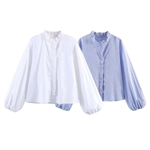Women Elegant Ruffle Stand Collar Lantern Sleeve Striped Solid Poplin Shirt Long Sleeve Casual Button Down Blouse Tops