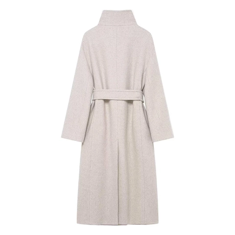 Abrigo Largo de Mezcla de Lana Elegante para Mujer Cuello Alto Doble Botonadura Cálido Sobretodo Color Avena Con Cinturón