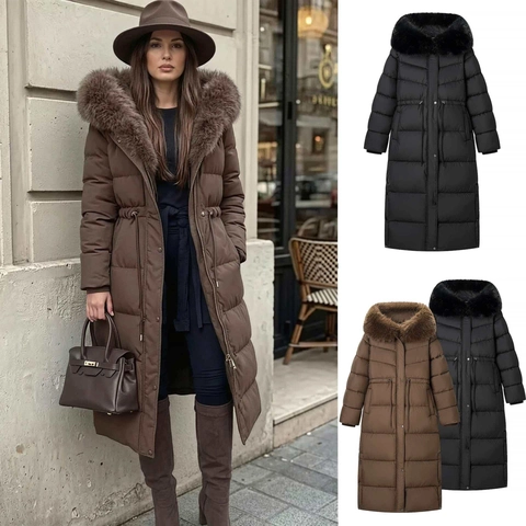 Cappotto Imbottito Donna Invernale Extra Lungo Con Cappuccio Collo In Pelliccia Sintetica Coulisse Slim Trapuntato Parka Capispalla