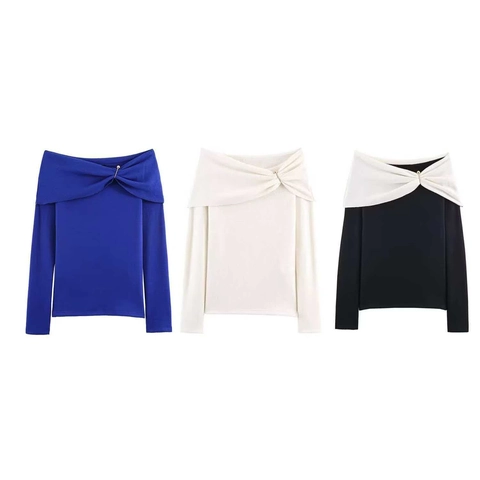 Suéter de Punto Elegante con Hombros Descubiertos para Mujer Lazo de Torsión Manga Larga Ajuste Slim Pullover con Broche de Metal