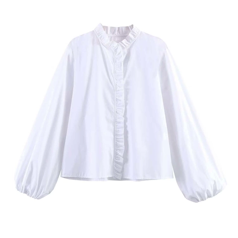 Women Elegant Ruffle Stand Collar Lantern Sleeve Striped Solid Poplin Shirt Long Sleeve Casual Button Down Blouse Tops