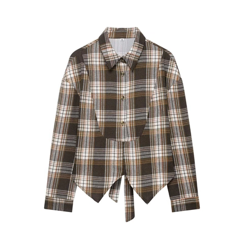 Camisa Vintage de Cuadros Marrones Café para Mujer Dobladillo Asimétrico Lazo en la Espalda Manga Larga Blusa Casual Oficina