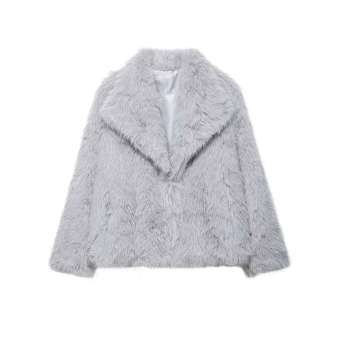 Damen Eleganter Hellgrauer Kunstpelzmantel Langarm Reverskragen Kurze Jacke Weiche Warme Oberbekleidung Mit Satinfutter