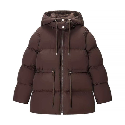 Chaqueta Acolchada de Invierno con Capucha para Mujer Abrigo Acolchado Marrón Café Largo Medio Casual Cortavientos