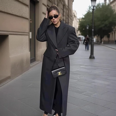 Abrigo Largo de Lana para Mujer Elegante Gris Oscuro Botonadura Sencilla Solapa Corte Recto Otoño Invierno Cálido Oficina