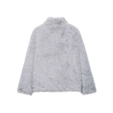 Damen Eleganter Hellgrauer Kunstpelzmantel Langarm Reverskragen Kurze Jacke Weiche Warme Oberbekleidung Mit Satinfutter