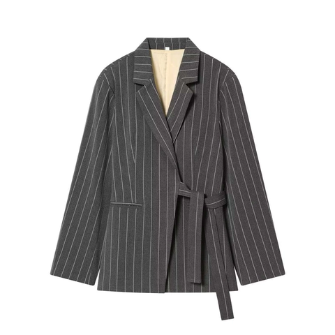 Conjunto de Dos Piezas Profesional para Mujer Gris Oscuro con Raya Vertical Blazer y Pantalones de Pierna Ancha Traje Elegante
