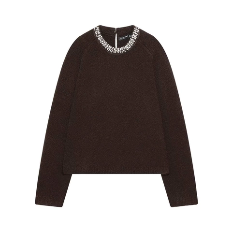 Rhinestone Embellished Collar Knitted Sweater Women Round Neck Long Sleeve Pullover Soft Knit Autumn Casual Fashion Top