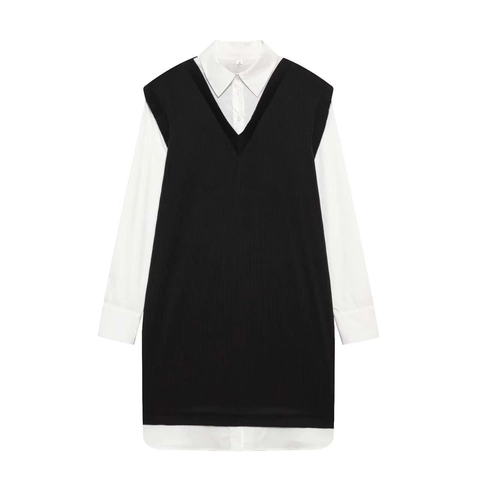 Elegante Vestito Corto Finto Due Pezzi da Donna Patchwork Camicia a Maniche Lunghe Gilet Look a Strati Casual
