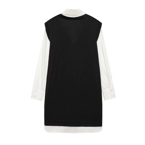 Elegante Vestito Corto Finto Due Pezzi da Donna Patchwork Camicia a Maniche Lunghe Gilet Look a Strati Casual