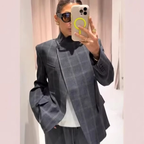 Women Vintage Plaid Asymmetric Button Stand Collar Blazer Loose Long Sleeve Office Suit Jacket Polyester Casual Outerwear