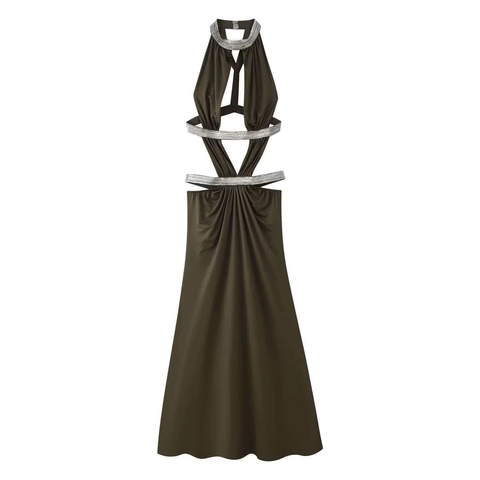 Women Halter Neck Hollow Out Maxi Dress Olive Green Rhinestone Chain Elegant Slim Fit Sexy Sleeveless Banquet Party Dress