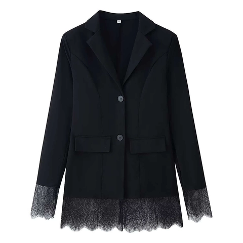 Chaqueta de Traje Casual para Mujer con Patchwork de Encaje Manga Larga Un Solo Pecho Color Sólido Elegante Oficina