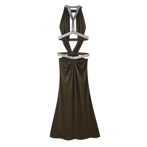 Women Halter Neck Hollow Out Maxi Dress Olive Green Rhinestone Chain Elegant Slim Fit Sexy Sleeveless Banquet Party Dress