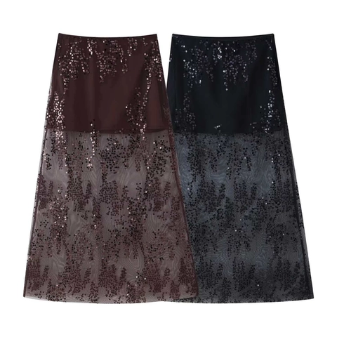 High Waist Mesh Sequin Midi Skirt Elegant A-Line Double Layer Patchwork Party Skirt For Women Fashion Commute Style