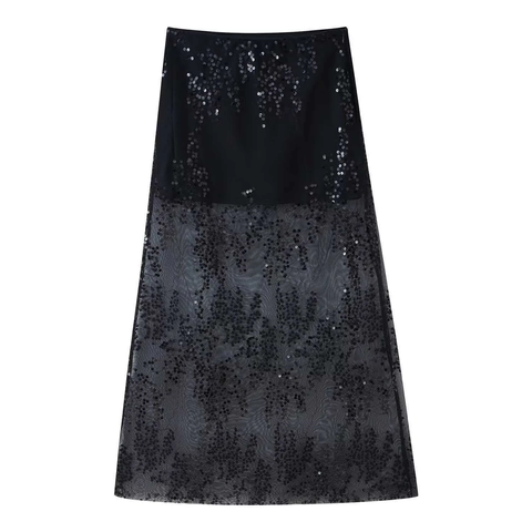 High Waist Mesh Sequin Midi Skirt Elegant A-Line Double Layer Patchwork Party Skirt For Women Fashion Commute Style