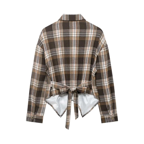 Camisa Vintage de Cuadros Marrones Café para Mujer Dobladillo Asimétrico Lazo en la Espalda Manga Larga Blusa Casual Oficina
