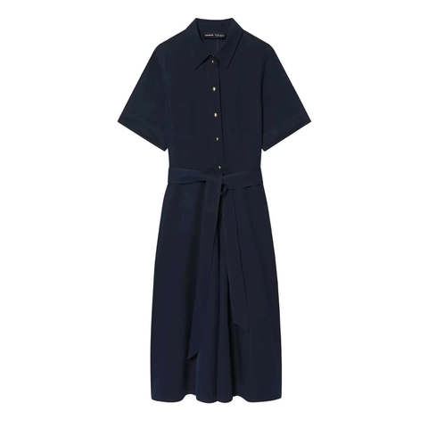 Dames Donkerblauw Shirtjurk Met Korte Mouwen Gouden Knopen Tailleband Elegant Midi A-Lijn Werkjurk Voor Vrouwen