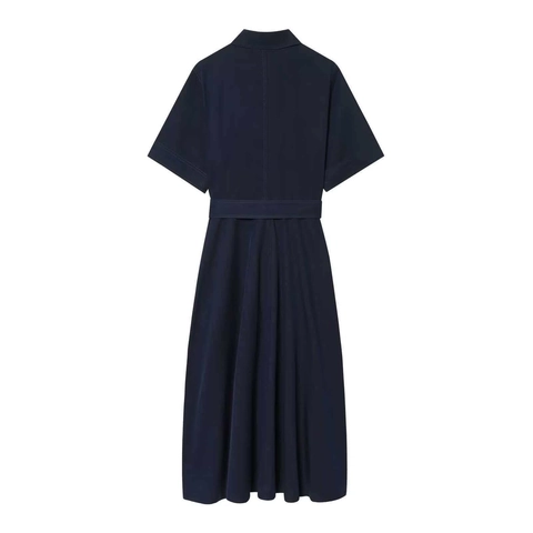 Dames Donkerblauw Shirtjurk Met Korte Mouwen Gouden Knopen Tailleband Elegant Midi A-Lijn Werkjurk Voor Vrouwen
