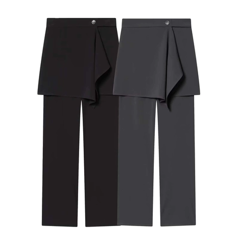 Pantaloni da Donna a Vita Alta Finto Due Pezzi Gonna Orlo Asimmetrico Pantaloni Casual a Gamba Dritta Eleganti Fondi Pendolari