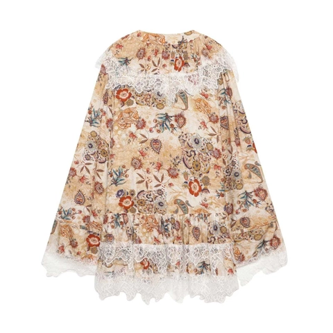 Damen Bohemian Blumendruck V-Ausschnitt Midi-Kleid Mit Spitzenbesatz Langarm Viskose Lockerer Schnitt Vintage A-Linien-Kleid