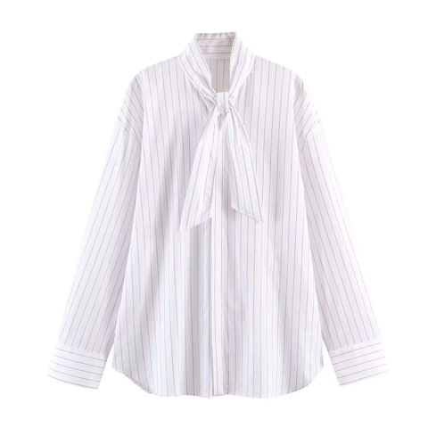 Camisa Casual de Rayas Blancas para Mujer Cuello Bufanda Manga Larga Ajuste Holgado Blusa de Poliéster para Oficina Uso Diario